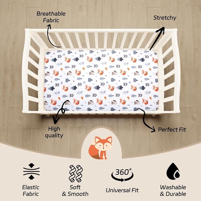 4 Pack Woodland Forest Animals Wood Neutral Unisex Fitted Baby Crib Sheets Set for Baby Boys or Girls Fox