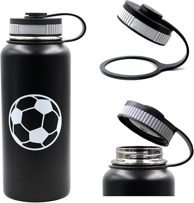 32 oz Soccer Water Bottle, Wide Mouth Travel Sports Flask with 2 Lids(Straw Lid+Flex Cap)BPA Free 18/8 Stainless Steel Double Wall Vacuum Insulated Water Bottles (32oz, Soccer)
