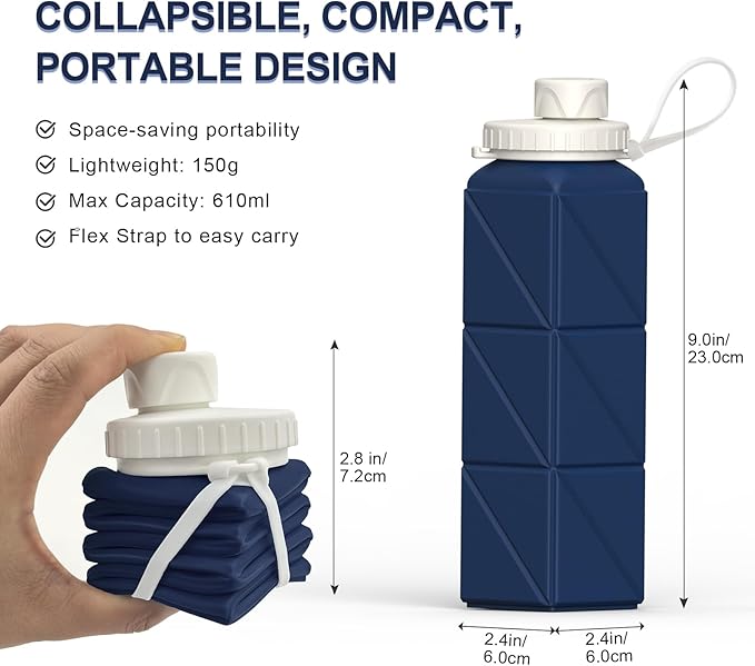Collapsible Water Bottles, Silicone Foldable Portable Water Bottle 610ml, Lightweight Reusable Leakproof for Sports and Outdoor, 1 Pack (Dark Blue)