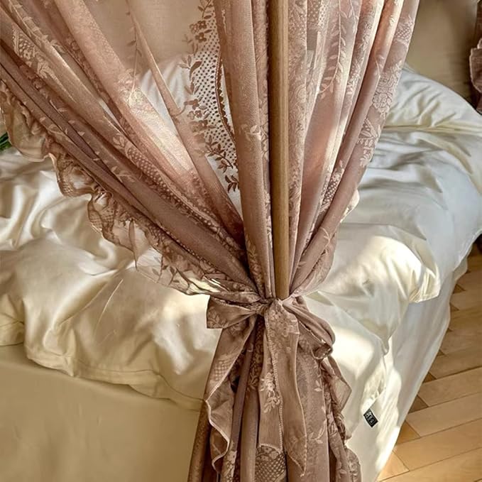 Elegant Lace Princess 4 Corner Post Mosquito Net Romantic for Girls Women Bed Curtain Canopy for Adult Wedding Bedroom Kids Rooms Decoration (Coffee, Full)