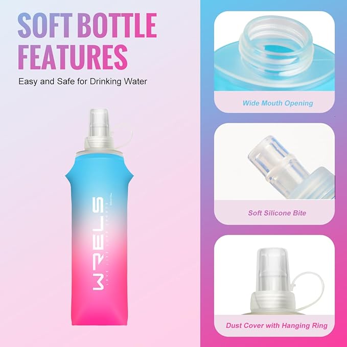 Collapsible TPU Soft Flask,Reusable Handheld Soft Water Bottle for Hydration Pack,BPA Free Gradient Folding Water Flask for Running Cycling Climbing (Light Blue&Pink-500ml*2)