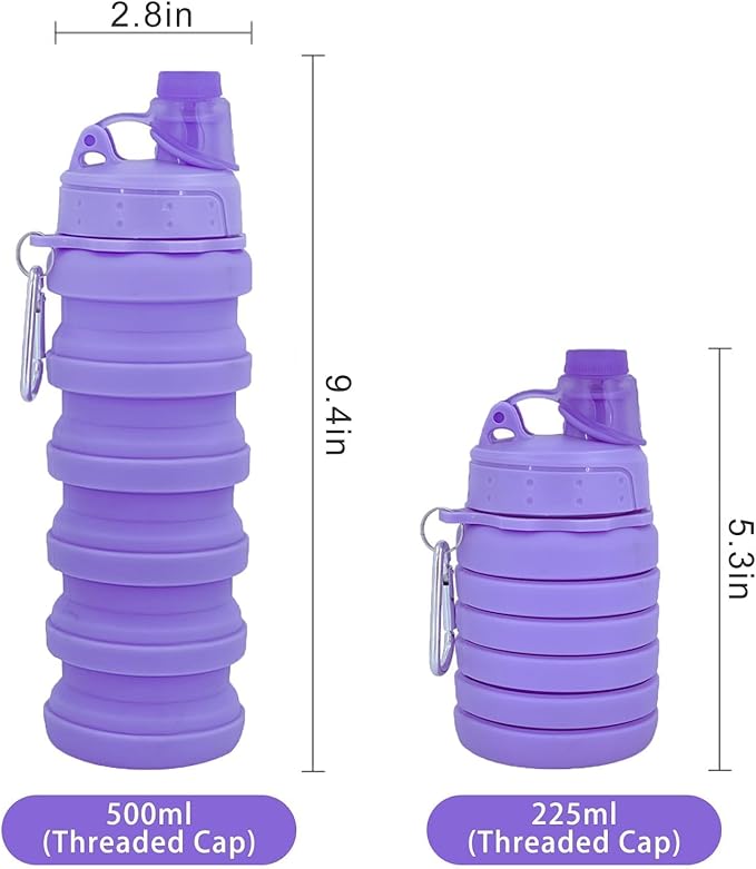 Collapsible Water Bottles Two Pack Travel Sports Portable Sport Water Bottle comes with mountaineering Buckle 500ml silicone Water-proof camping water bottle (Purple and Grey Color)