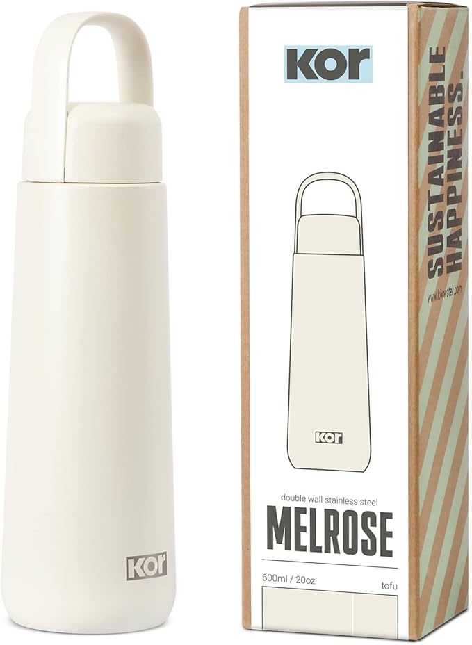 KOR Melrose 20oz Double Wall Insulated Water Bottle - Keeps Beverages Hot for 12hrs, Cold for 24hrs - Stainless Steel Design - Contoured Perfect Spout for Drinking