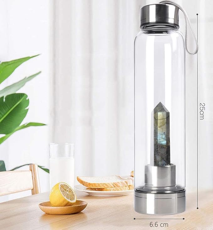 Crystal Glass Water Bottle, Glass Water Bottle with Changeable Natural Crystal Center, Quartz Gemstone Water Bottle for Natural