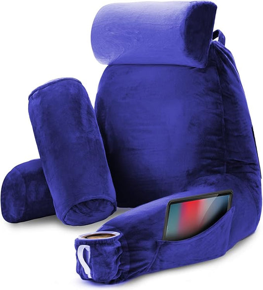 Nestl Reading Pillow Large Bed Pillow, Back Pillow for Sitting in Bed Shredded Memory Foam Chair Pillow, Reading & Bed Rest Pillows Royal Blue Back Pillow for Bed, Bed Chair Arm Pillow with Pockets