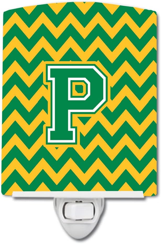 Caroline's Treasures CJ1059-PCNL Letter P Chevron Green and Gold Ceramic Night Light Compact, UL-Certified, Ideal for Bedroom, Bathroom, Nursery, Hallway, Kitchen, 6x4x3, Multicolor
