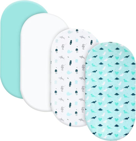 Bassinet Fitted Sheets 4 Pack Compatible with SNOO Smart Sleeper and UPPAbaby Bassinet, Ultra Soft and Skin-Friendly, Aqua Dinosaurs & White Ocean
