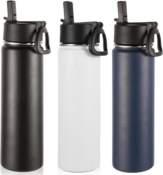 Volhoply 24oz Insulated Water Bottle With Straw Bulk 3 Pack,Metal Wide Mouth Water Bottles With Handle Lid Keep Cold,Reusable Double Wall Thermos,Powder Coated Sport Bottle For Holder(Mix,3 Count)
