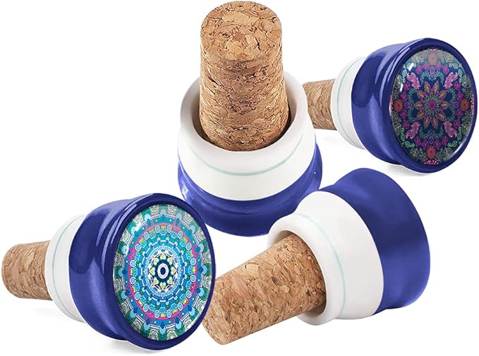 WIRESTER Set of 4 Ceramic Cork Decorative Wine Bottle Stoppers For Bar, Holiday, Party, Wedding - Bohemian Mandala (Colorful, Sunshine, Blue, Wood Look)