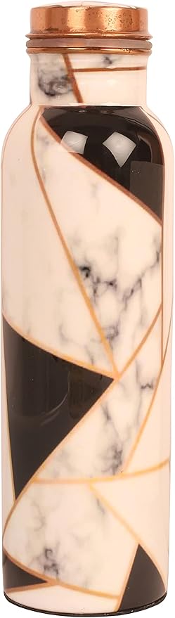 Pure Copper Water Bottle - Handcrafted - Ayurveda health benefits - Large 35 oz - Leak proof, Easy to carry for Sports, Fitness, Yoga, School- Royal Finish White Golden Black Mosaic Enamel