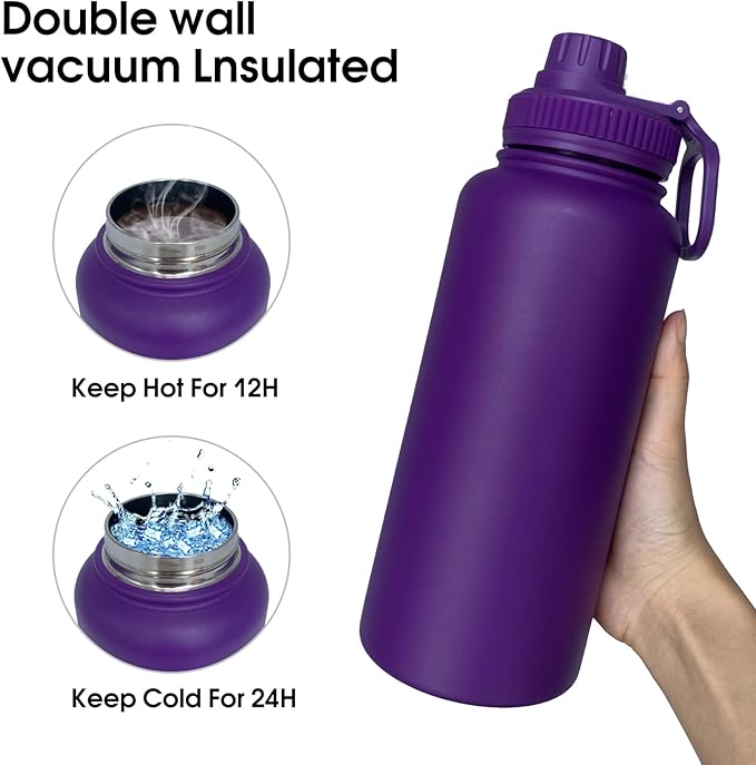 32oz Insulated Water Bottle ,Stainless Steel Sports Water Cup Flask with 2 Lids, Wide Mouth Travel Thermal Mug,Outdoor Sports Bottle(Purple)