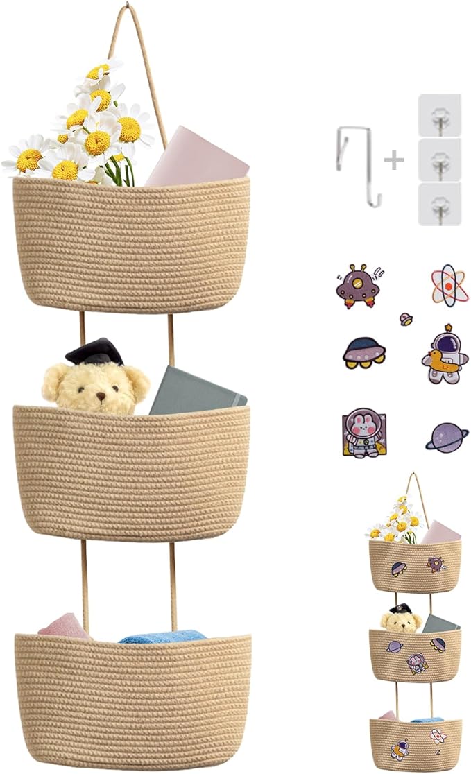 TeoKJ Over The Door Hanging Baskets, 3-Tier Woven Cotton Storage Organizer with Hooks Wall-Mounted with Self Adhesive Space Astronaut Stick Decorative Hanging Nursery Baskets - Jute