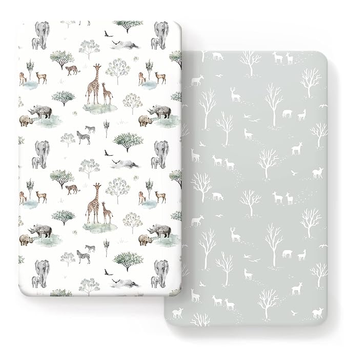 GRSSDER Stretch Ultra Soft Jersey Knit Fitted Crib Sheets Set 2 Pack,Fit All Standard Crib Mattress Pads Safe and Snug, Crib Fitted Sheet for Boys and Girls, Pretty African Savannah Animals Pattern