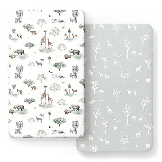 GRSSDER Stretch Ultra Soft Jersey Knit Fitted Crib Sheets Set 2 Pack,Fit All Standard Crib Mattress Pads Safe and Snug, Crib Fitted Sheet for Boys and Girls, Pretty African Savannah Animals Pattern