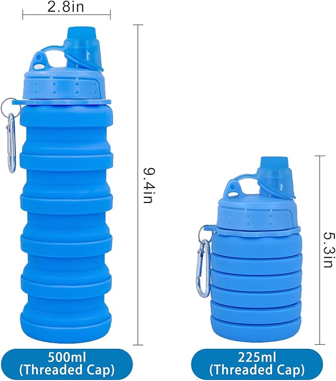 Collapsible Water Bottles Two Pack Travel Sports Portable Sport Water Bottle comes with mountaineering Buckle 500ml silicone Water-proof camping water bottle (Purple and Purple Color)