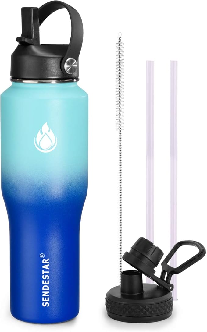 SENDESTAR Water Bottle 32oz,2 Lids(Straw lid),Wide Mouth Stainless Steel Vacuum Insulated Double Wall Keep Liquids Cold or Hot All Day,Sweat Proof Sport Design,Fit Car Cup Holder(Mint&Cobalt)
