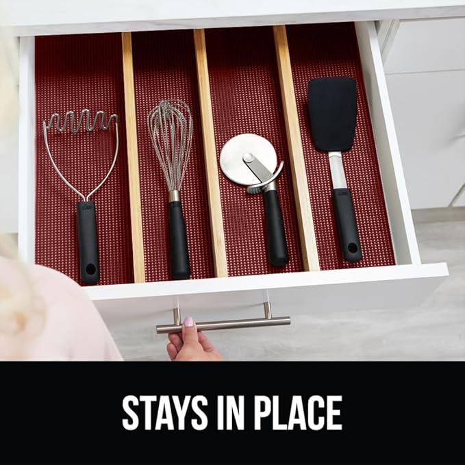 Gorilla Grip powerGRIP Drawer Shelf and Cabinet Liner, Thick Strong Hold, Non-Adhesive Liners Protect Kitchen Cabinets and Cupboard, Bathroom Drawers, Easy Install, Breathable Mat, 20" x10', Red