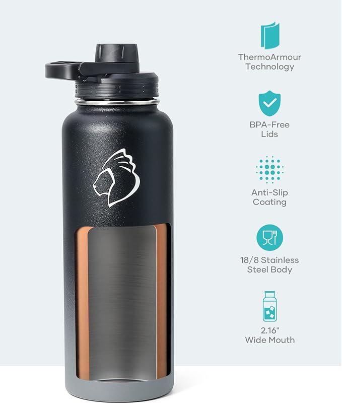 BUZIO Water Bottle with Straw lid, Spout Lid, Hand Lid and Carrying Pouch, 32oz 40oz 64oz Stainless Steel Water Flask Jug, Cold for 48 Hrs Hot for 24 Hrs Double Vacuum Thermo Canteen Mug, BPA-Free