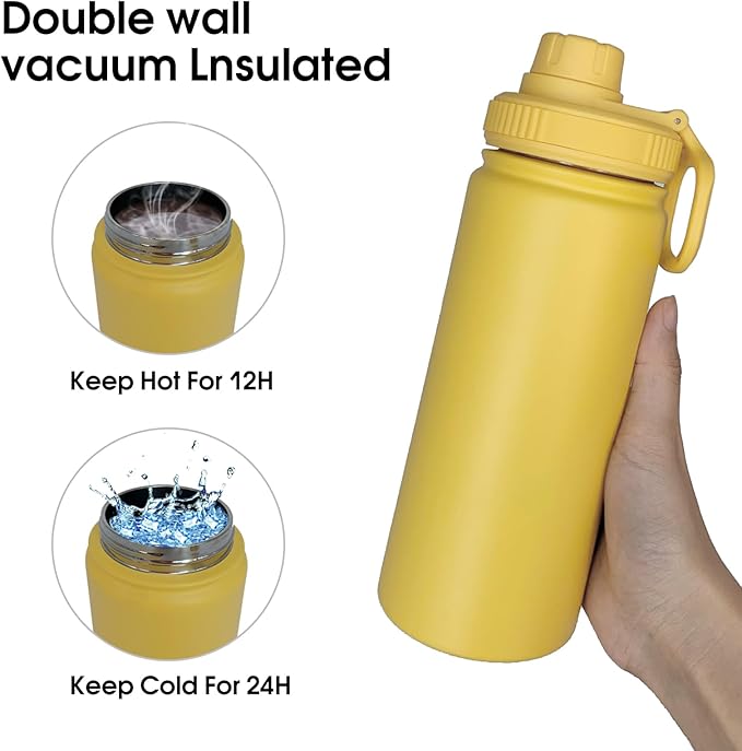 18oz Insulated Water Bottle ,Stainless Steel Sports Water Cup Flask with 2 Lids, Wide Mouth Travel Thermal Mug,Outdoor Sports Bottle(Mango yellow)