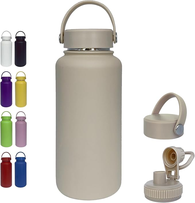 32oz Insulated Water Bottle ,Stainless Steel Sports Water Cup Flask with 2 Lids, Wide Mouth Travel Thermal Mug,Outdoor Sports Bottle(Cream apricot)