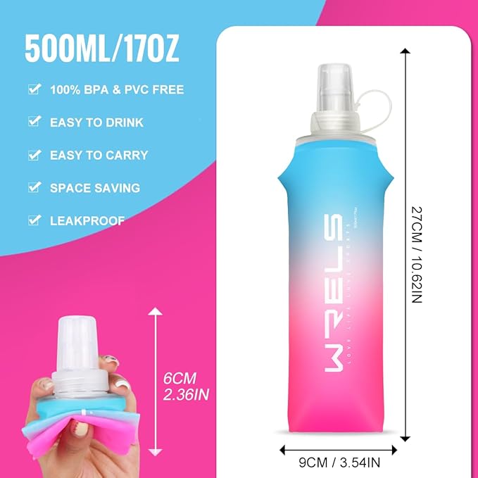 Collapsible TPU Soft Flask,Reusable Handheld Soft Water Bottle for Hydration Pack,BPA Free Gradient Folding Water Flask for Running Cycling Climbing (Light Blue&Pink-500ml*2)