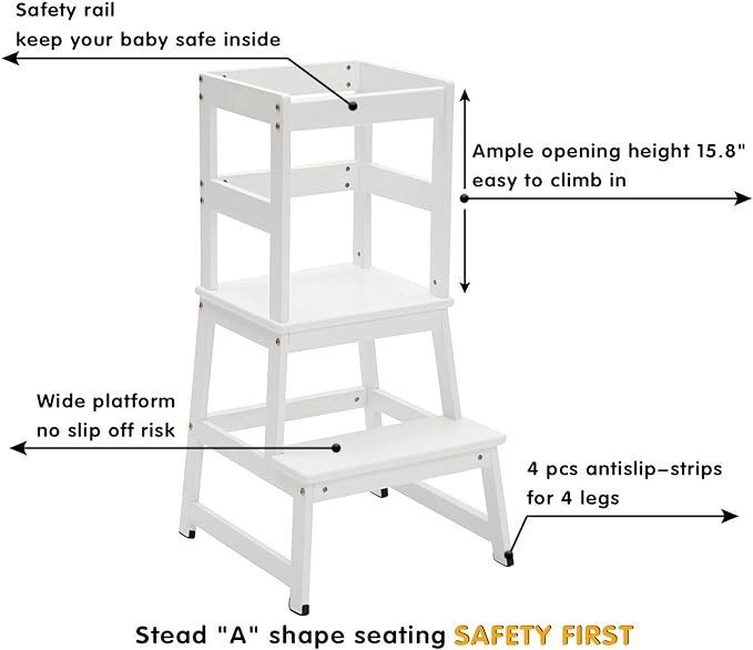 Kitchen Step Stool for Toddlers and Kids with Safety Rails for Kitchen Counter Solid Wood (White)
