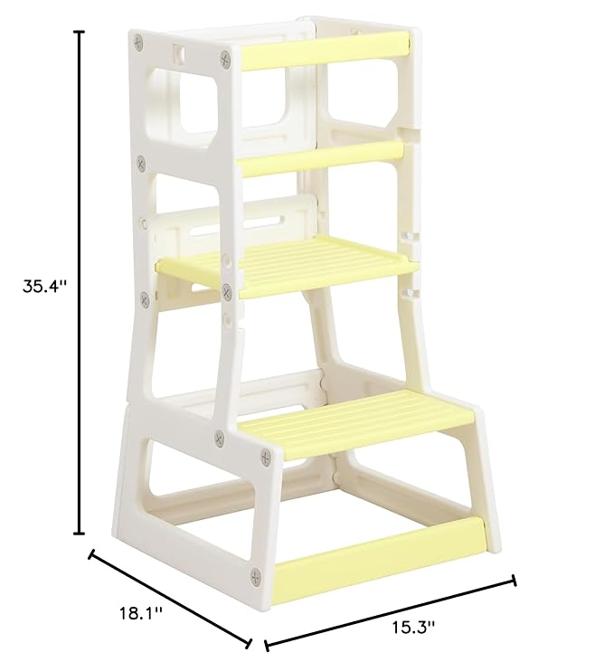 SDADI Mother's Helper Adjustable Height Plastic Kitchen Step Stool for Children, Kids Toddlers Counter Level Learning Stool for Kitchen & Bathroom, Beige and Yellow