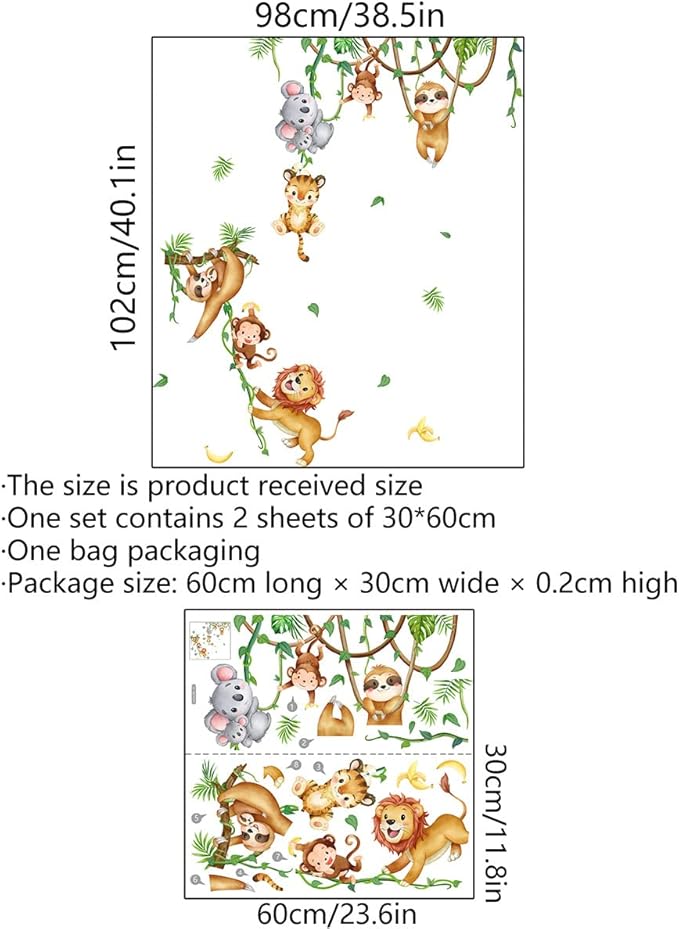 Lion Monkey Sloth Koala Tiger Wall Stickers Jungle Animals Climbing Tree Wall Decals Peel and Stick Wall Art Decals for Kids Bedroom Baby Nursery Living Room Playroom Boys Girls Bedroom