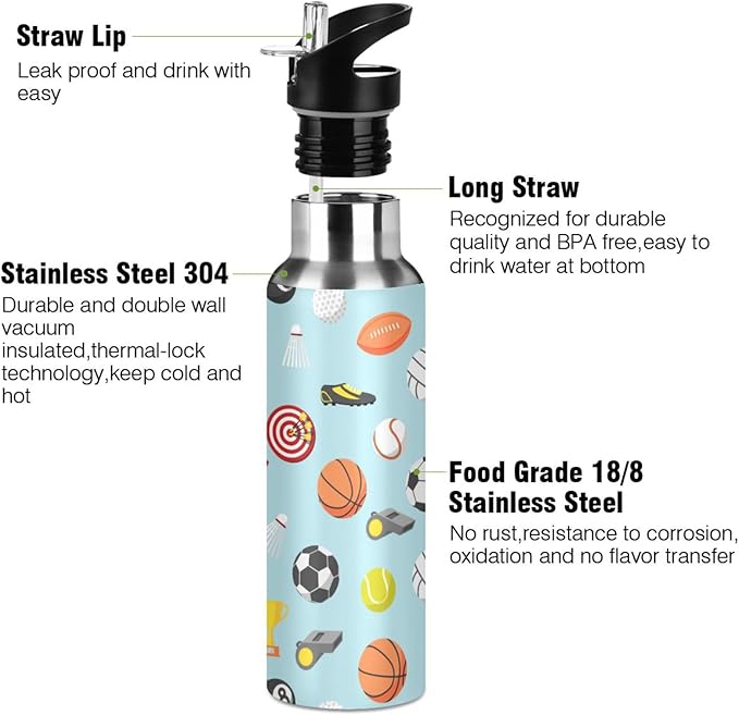 Sport balls Stainless Steel Water Bottle with Straw Lid - 20 Oz Sports Insulated Water Bottle Thermos for Sport Gym Outdoor Travel School (DZ001)