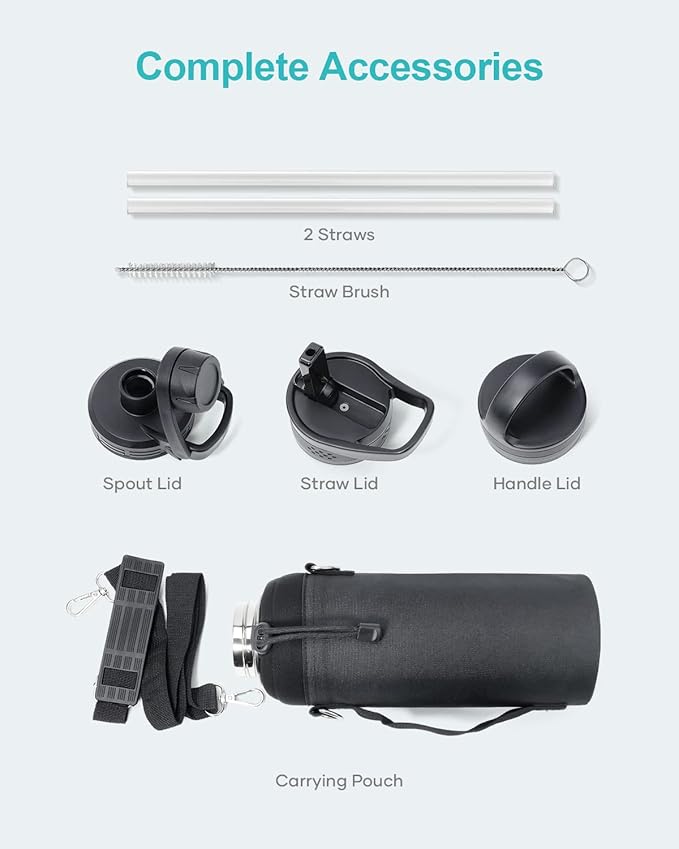 BUZIO Water Bottle with Straw lid, Spout Lid, Hand Lid and Carrying Pouch, 32oz 40oz 64oz Stainless Steel Water Flask Jug, Cold for 48 Hrs Hot for 24 Hrs Double Vacuum Thermo Canteen Mug, BPA-Free