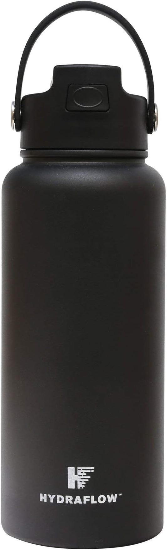 Hydraflow Hybrid - Triple Wall Vacuum Insulated Water Bottle with Flip Straw (34oz, Powder Black) Stainless Steel Metal Thermos, Reusable Leak Proof BPA-FREE for Sports and Travel