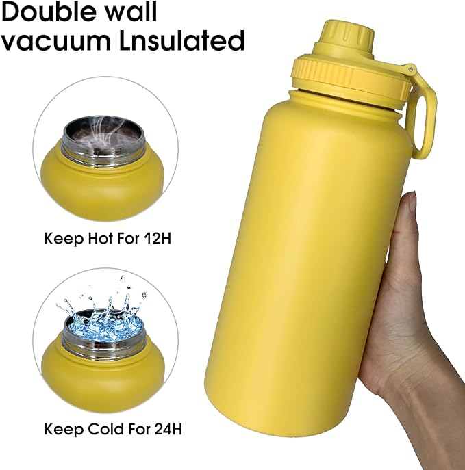 32oz Insulated Water Bottle ,Stainless Steel Sports Water Cup Flask with 2 Lids, Wide Mouth Travel Thermal Mug,Outdoor Sports Bottle(Mango yellow)