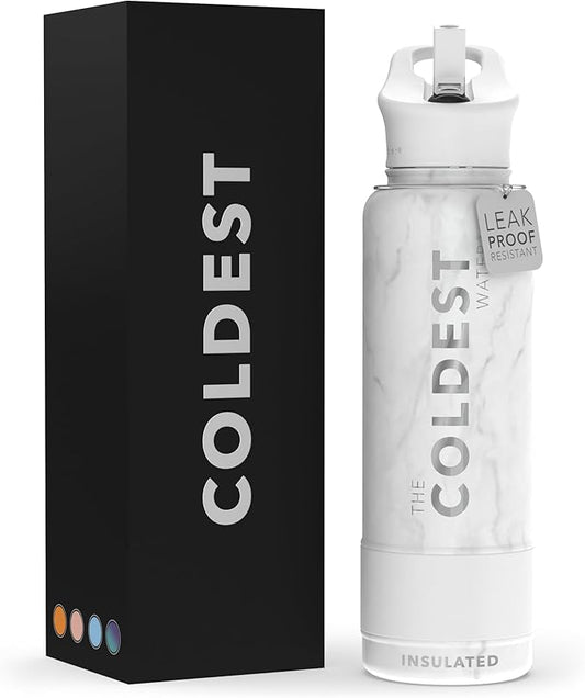 Coldest Sports Water Bottle with Straw Lid Vacuum Insulated Stainless Steel Metal Thermos Bottles Reusable Leak Proof Flask for Sports Gym (40 oz, Carrara Marble)