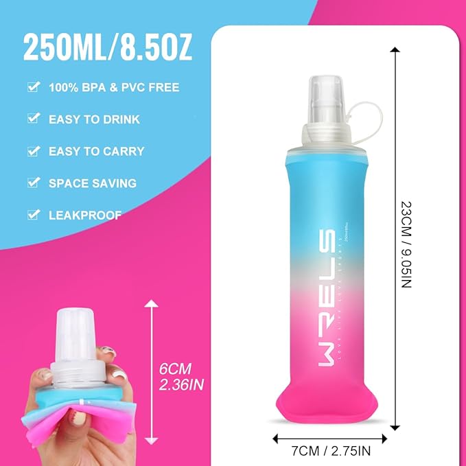 Collapsible TPU Soft Flask,Reusable Handheld Soft Water Bottle for Hydration Pack,BPA Free Gradient Folding Water Flask for Running Cycling Climbing (Light Blue&Pink-250ml*2)