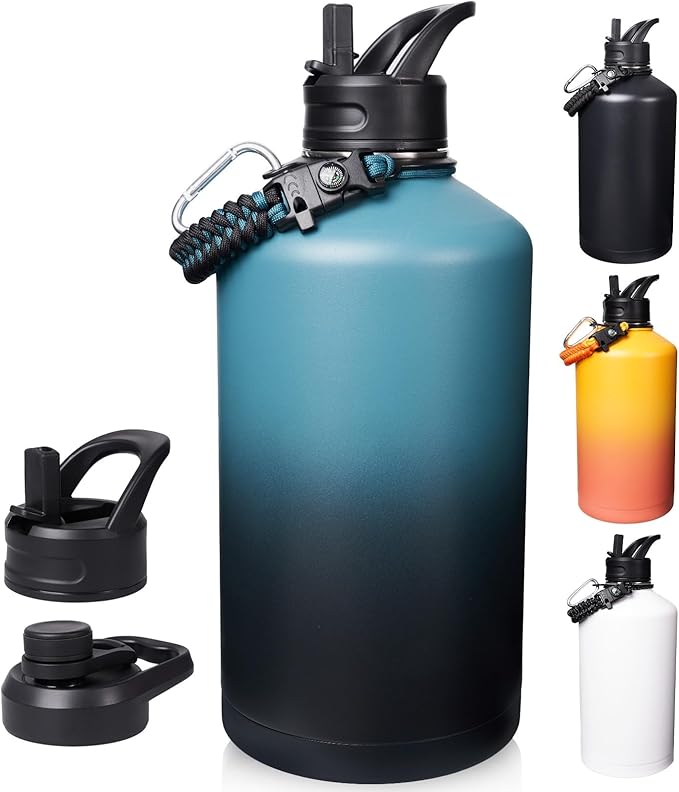 Gallon Water Bottle with Straw&Spout Lid, 128oz Stainless Steel Water Jug with Handle and Wide Mouth, One Gallon Vacuum Double Walled Jug for Sports, Outdoors, Leak-Proof. Blue&Black 128oz