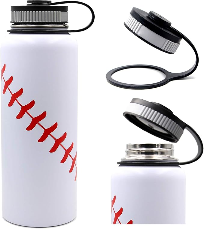 40 oz Baseball Water Bottle, Sports Flask Metal Travel Tumbler with 2 Lids 18/8 Stainless Steel Double Wall Vacuum Insulated Hot/Cold (40oz, White baseball)
