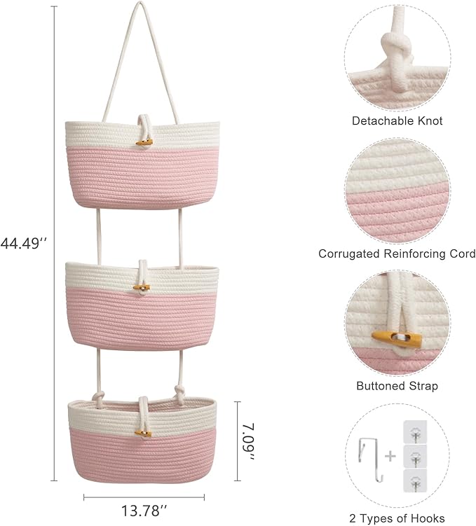 TeoKJ Over The Door Hanging Baskets with Button Strap, 3-Tier Woven Cotton Storage Organizer Bag, Wall-Mounted with Hook Decorative Hanging Nursery Baskets - Pink+White