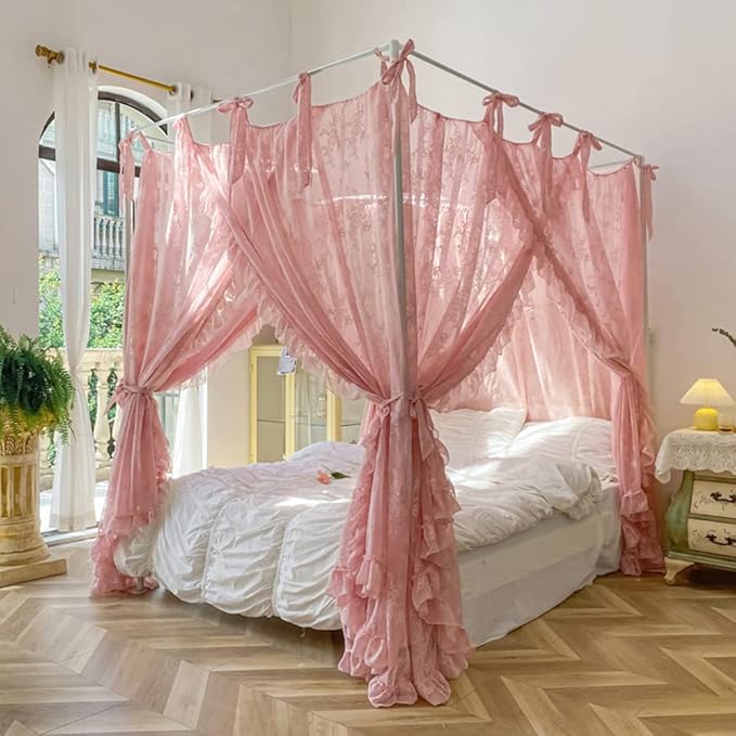 Mengersi Canopy Bed Curtains with Tie Backs,Princess Bed Canopy Curtains Bed Drapes Sheer Curtains for Bedroom Decor(Full,Pink