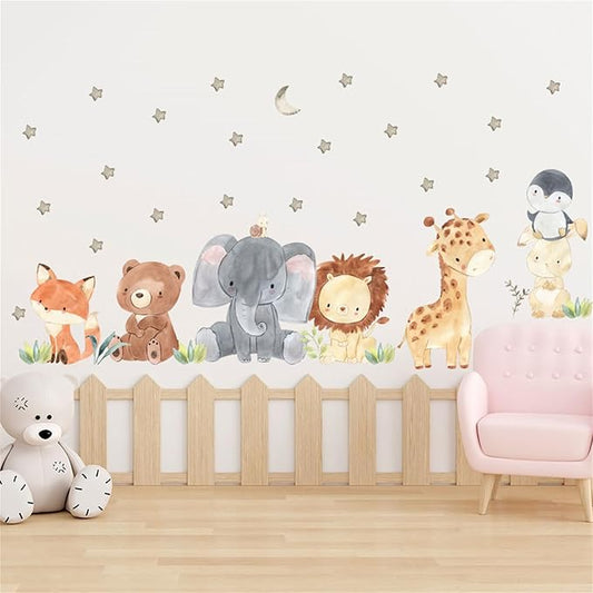 Jungle Animals with Tree Plant Wall Decals Monkey Lion Tiger Wall Stickers Baby Nursery Kids Room Living Room Home Decor (Animal1)