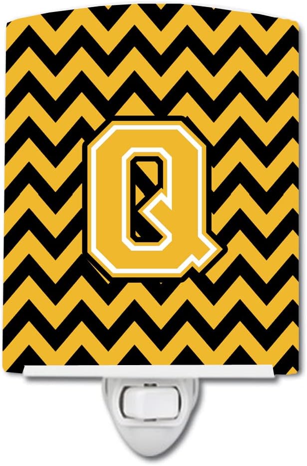 Caroline's Treasures CJ1053-QCNL Letter Q Chevron Black and Gold Ceramic Night Light Compact, UL-Certified, Ideal for Bedroom, Bathroom, Nursery, Hallway, Kitchen, 6x4x3, Multicolor
