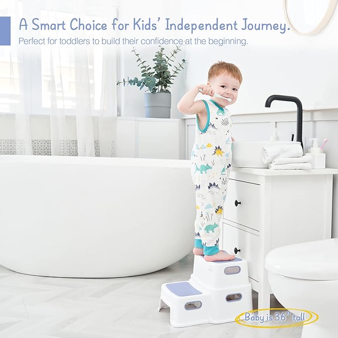 Forbena Kids Step Stool for Bathroom, 2 Step Stool for Toddlers Toilet Potty Training, Sturdy Children Plastic Step Stool for Bed Bathroom Counter Sink (White-Blue)