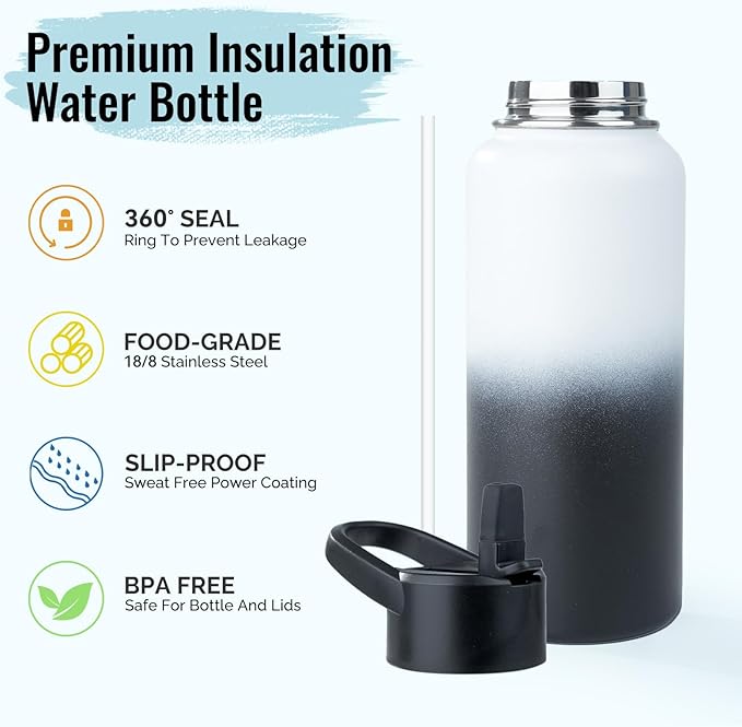 Stainless Steel Water bottle with Straw & Wide Mouth Lid, Wide Rotating Handle, 32oz Double Wall Vacuum Insulated Water Bottle Leak Proof, BPA Free, Keep Cold and Hot, 32oz, White Gradient