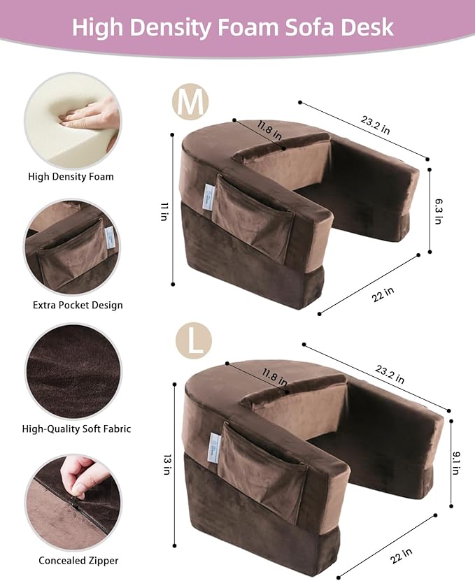 Weighted Idea Reading Pillow for Gaming, Meduim Gaming Pillow for Adult,Table Pillow with 2 Side Pockets for Gaming, Reading, Working Sitting in Bed Floor Sofa (Brown)