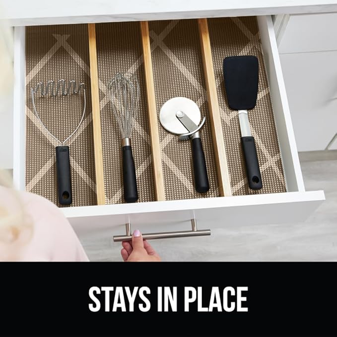 Gorilla Grip powerGRIP Drawer Shelf and Cabinet Liner, Thick Strong Hold, Non-Adhesive Liners Protect Kitchen Cabinets and Cupboard, Bathroom Drawers, Easy Install, Breathable Mat, 12" x30', Beige