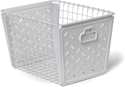 Tovolo Macklin, Stamped Steel & Wire Basket for Closet & Cubby Storage Vintage-Inspired Design with Customizable Label Plate, Medium, White