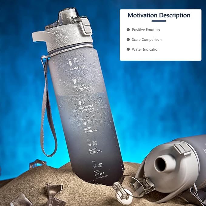 DEARART 32oz Grey Multicolor Water Bottle, Detachable Straw Wide Mouth Motivational & Time Marker with Handle Easy Carried, Suit Travel Office Yoga Gym School Work etc.