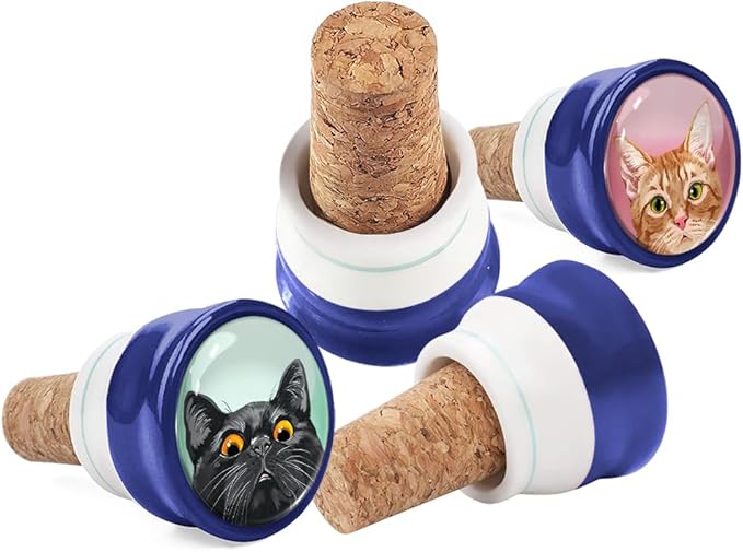 WIRESTER Set of 4 Ceramic Cork Decorative Wine Bottle Stoppers For Bar, Holiday, Party, Wedding - Cats Face On Solid Color