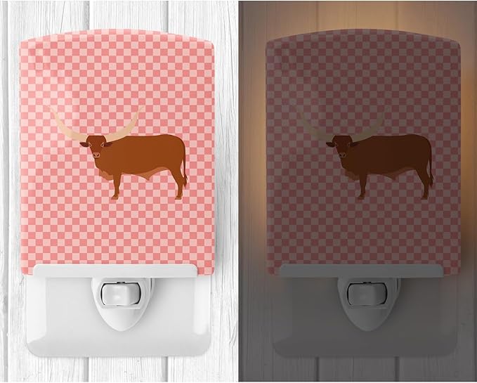 Caroline's Treasures BB7823CNL Ankole-Watusu Cow Pink Check Ceramic Night Light Compact, UL-Certified, Ideal for Bedroom, Bathroom, Nursery, Hallway, Kitchen, 6x4x3, Multicolor