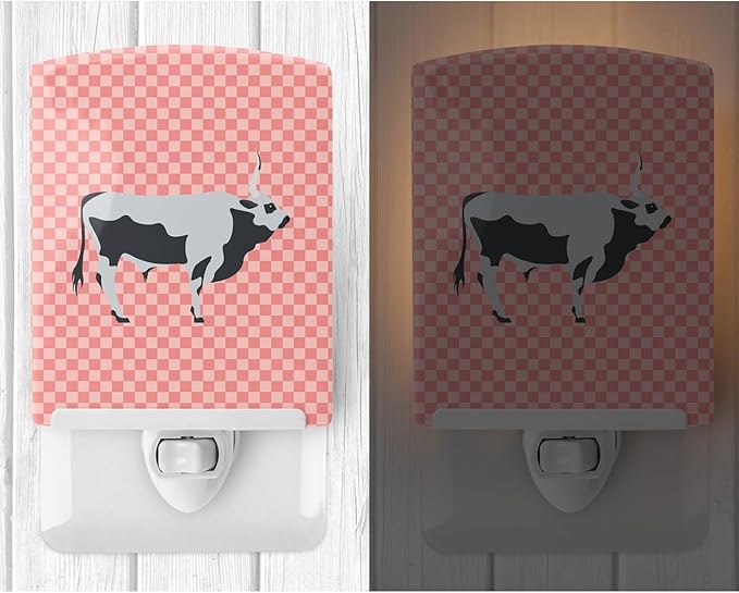 Caroline's Treasures BB7824CNL Hungarian Grey Steppe Cow Pink Check Ceramic Night Light Compact, UL-Certified, Ideal for Bedroom, Bathroom, Nursery, Hallway, Kitchen, 6x4x3, Multicolor
