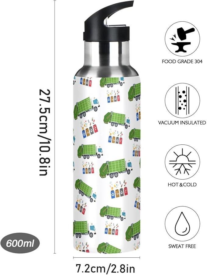 Garbage Truck Trash Recycling Stainless Steel Water Bottle with Straw Lid - 20 Oz Sports Insulated Water Bottle Thermos for Sport Gym Outdoor Travel School